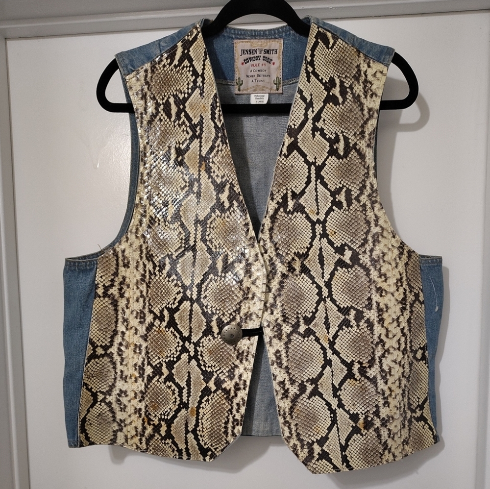 Vintage Genuine Snakeskin Front Denim Vest Jensen Smith Cowboy Code Size X-Large